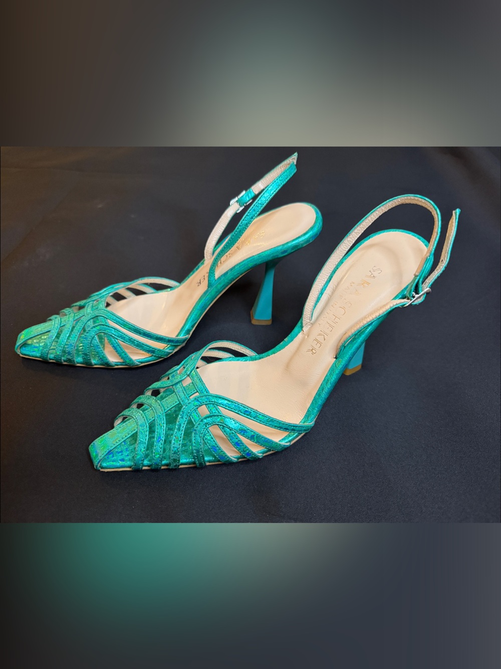 Sara Scheker - NWOT Metallic Teal Caged Strappy Slingback Heels / 36